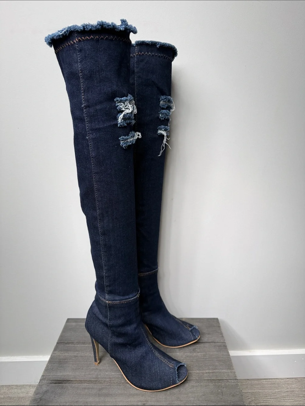 Shoe Dazzle Dark Blue Denim Over-the-Knee Peep-Toe Boots